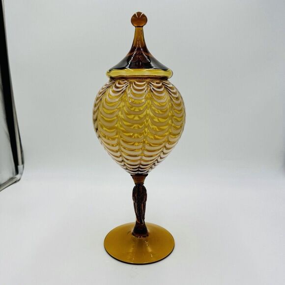 MCM Italy LAVORAZIONE EMPOLI Draped Amber cameo Art Glass Vase Compote Lidded - Picture 4 of 15